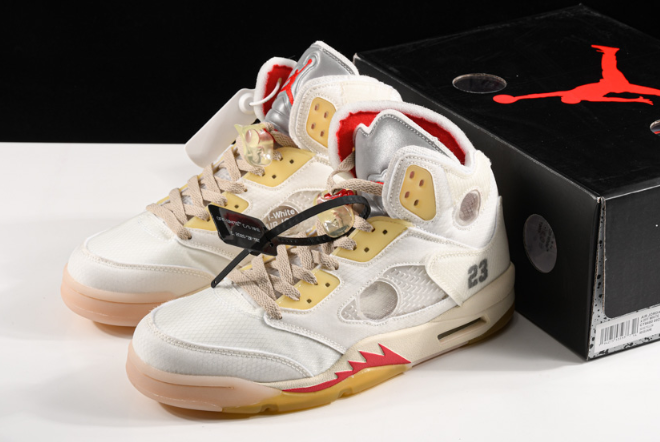 2020 New OFF-WHITE x Air Jordan 5 White/Fire Red CT8480-002 For Sale